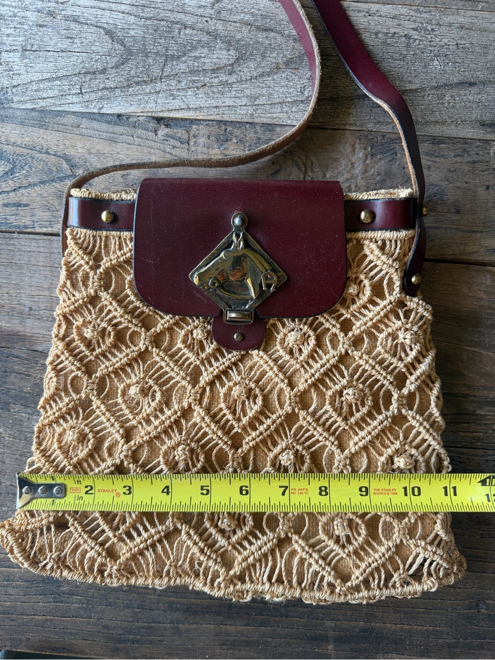 Woven Straw Crossbody Bag with Burgundy Leather Trim and a Brass Horse - Picture 4 of 8